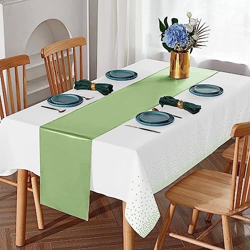 16Pack Plastic Tablecloths and Satin Table Runner Set 16 Pack White and Green