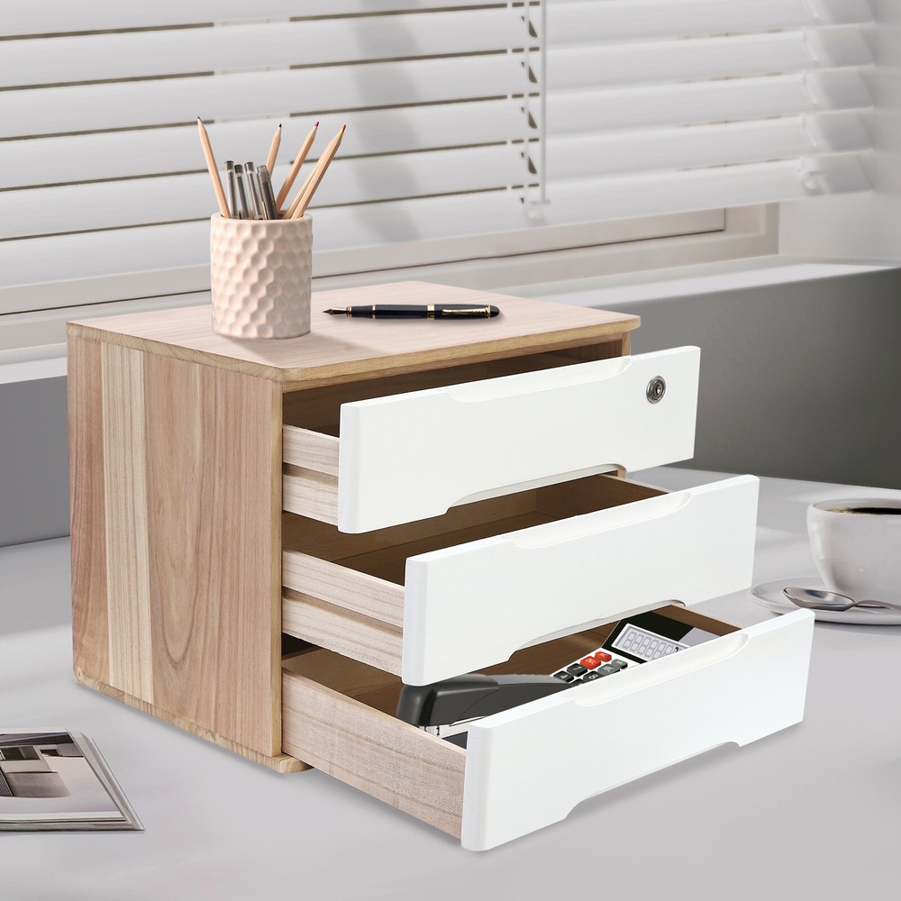 Wooden 3-Tier Desktop Organizer with Locking Drawers for Efficient Storage