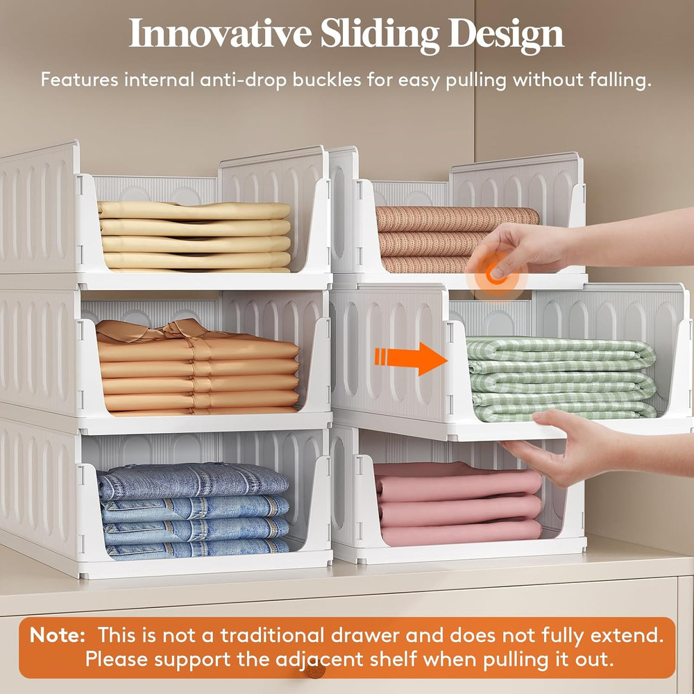 6 Pack Stackable Closet Organizers and Storage Basket for Clothes, Plastic Sweat