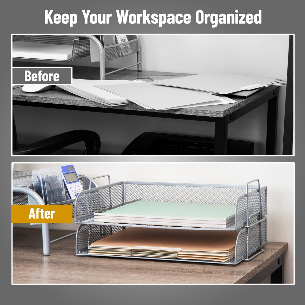Stackable Tray, Desktop Organizer, File Storage, Office, Metal Mesh, 2 Pcs., ...