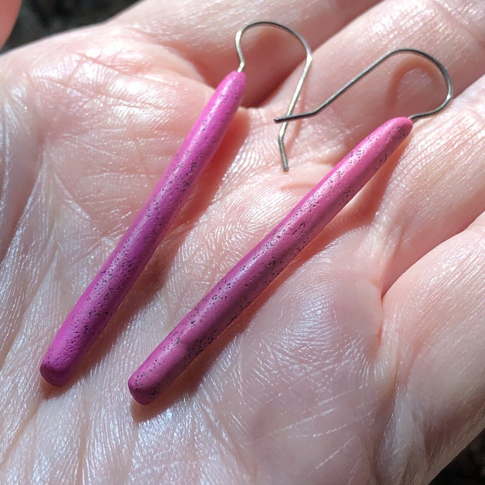 Unique dangle earrings speckled fuchsia polymer clay?