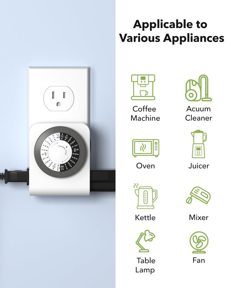 BN-LINK Outlet Timer with 2 Grounded Outlets, Mechanical 2 Pieces, White