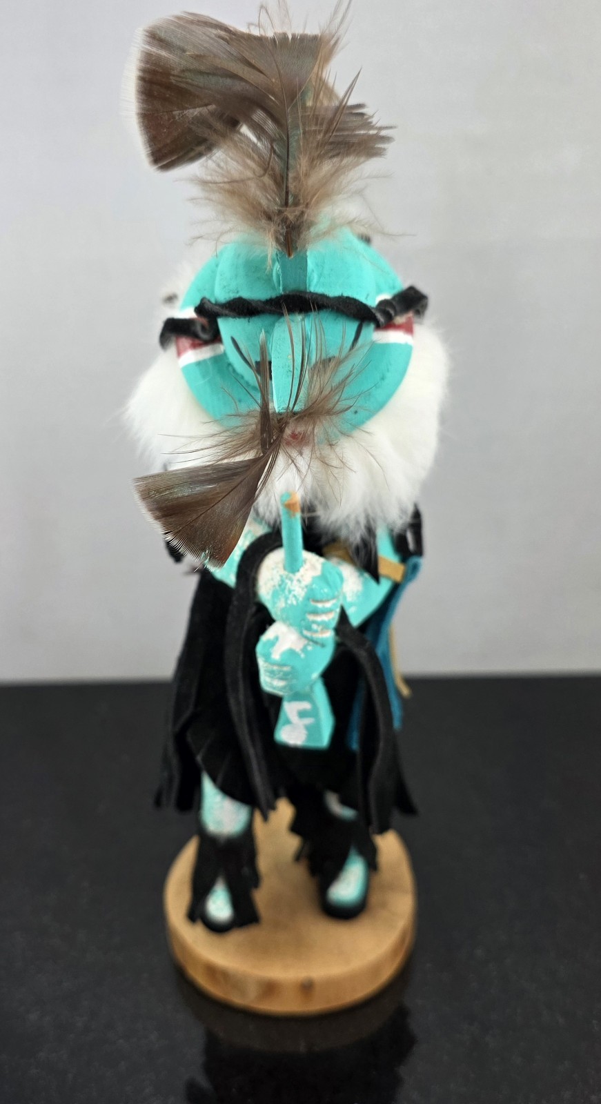 Vintage Kokopelli Kachina Doll Leather Wood Fur Feathers 11.5″ - Corrina Edsitty