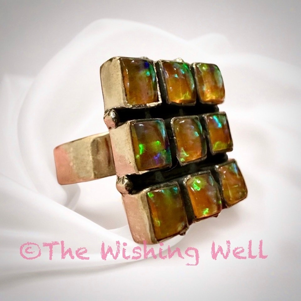Square Cluster Aurora Opal Statement Ring 925 Silver Adjustable Size 5-10