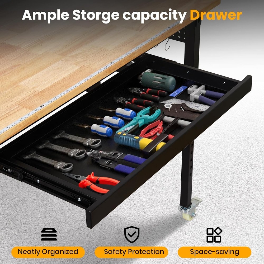 Adjustable Height Workbench 60"x24" Work Bench Table with Power Outlet & Drawers