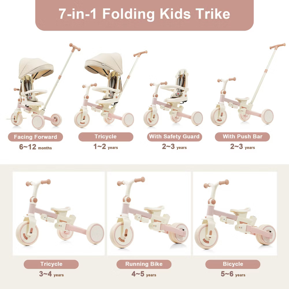 7-in-1 Foldable Toddler Tricycle with Adjustable Parent Handle, Removable Pedal,