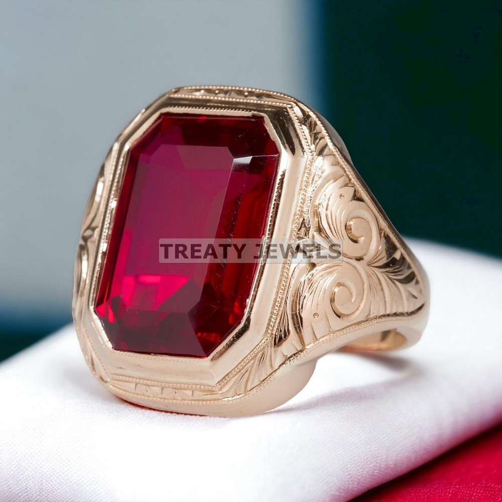 Ruby Emerald Cut Gemstone With 14K Solid White Gold Ring For Men's #985
