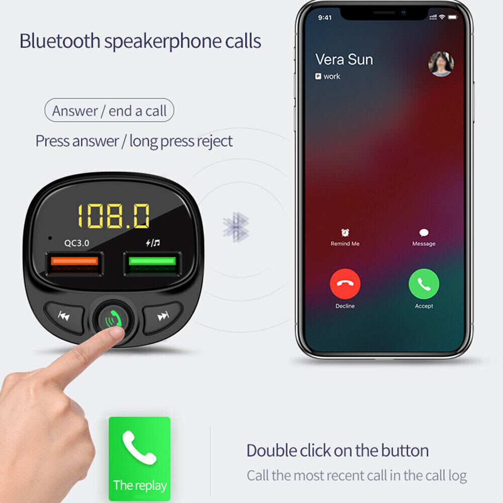 In Car Wireless Bluetooth 5.0 FM Transmitter AUX Receiver Adapter 2 USB Charger