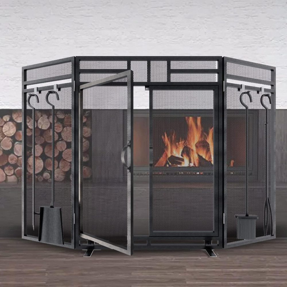 Fireplace Screen with Doors and Tools Set,3 Panel Foldable Metal Fireplace Guard