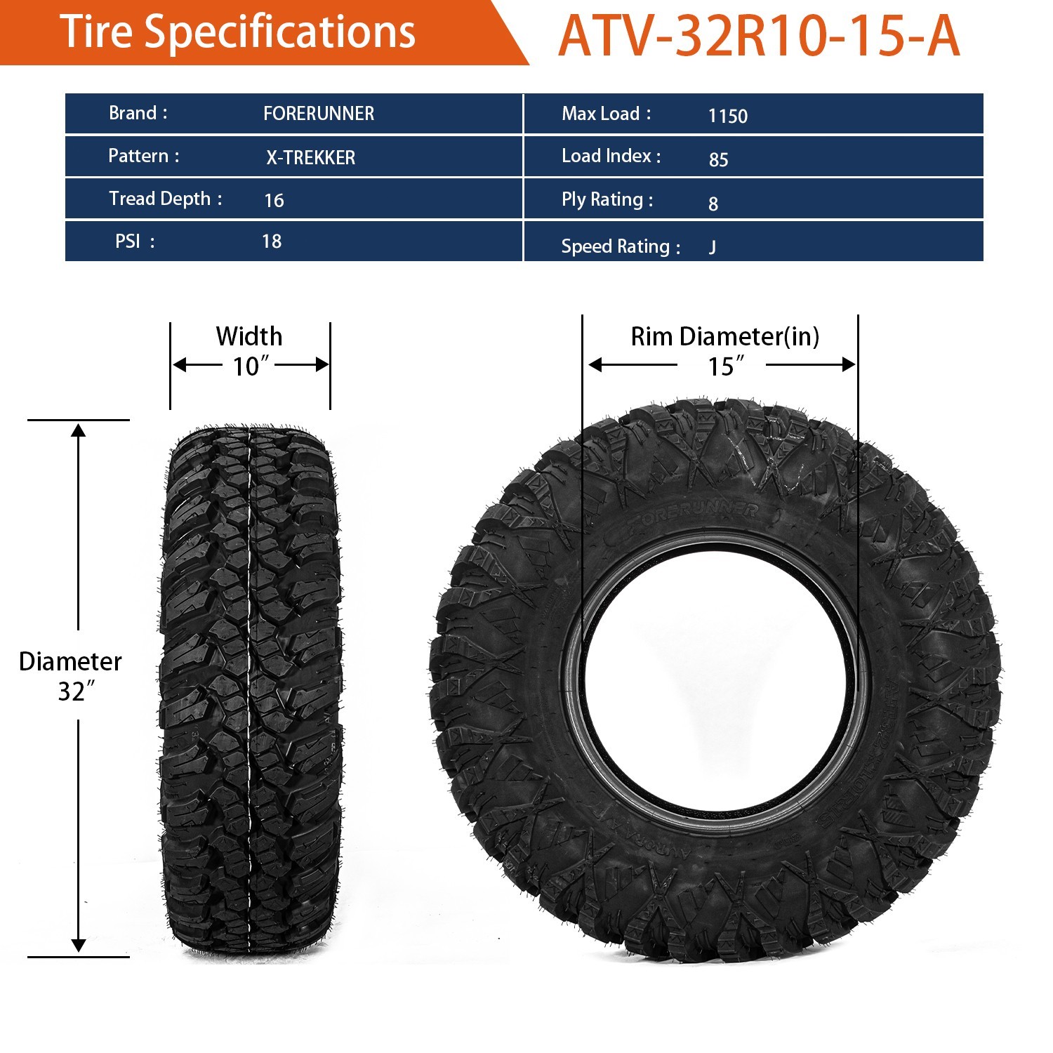 Full Set 32x10x15 ATV UTV Tires 32x10-15 8PR Radial 32 10 15 Mud All Terrain