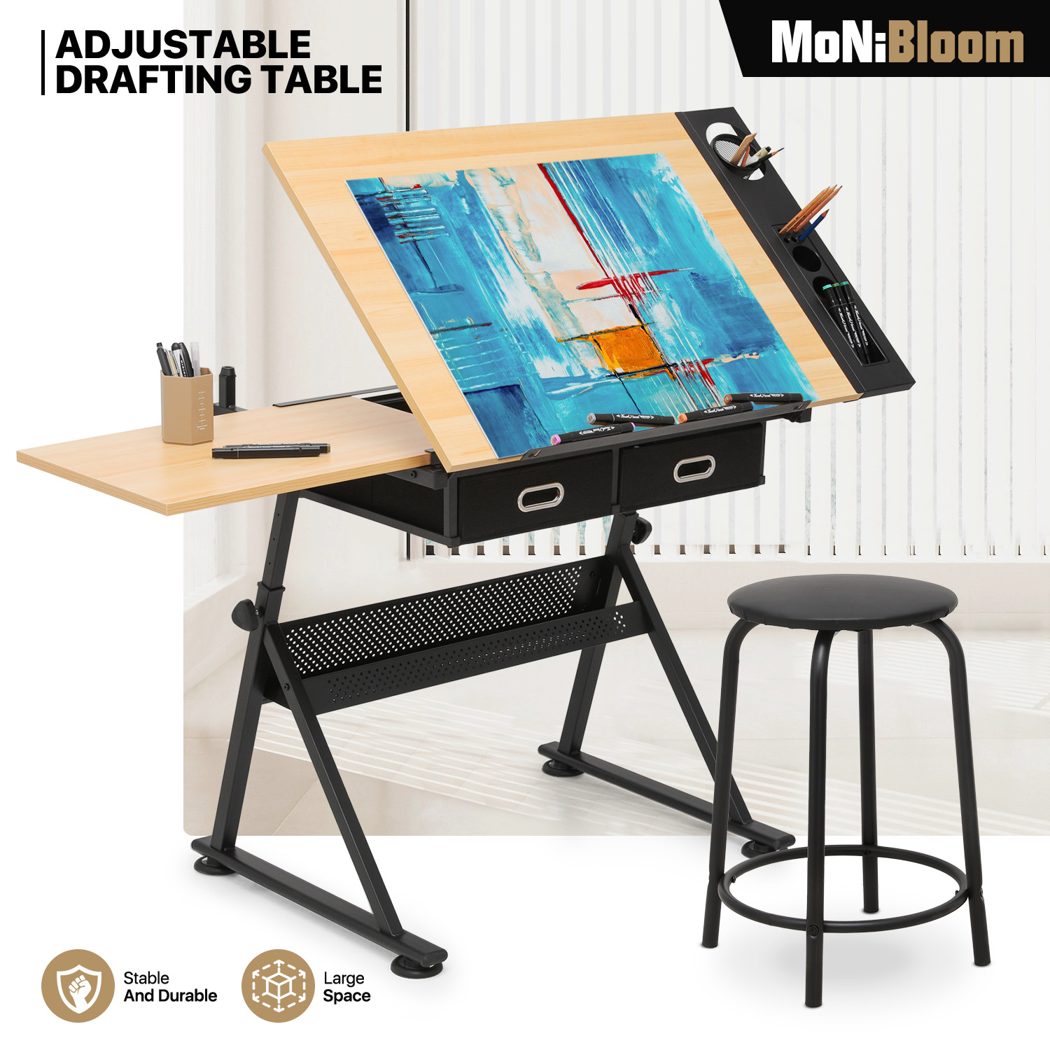 Drafting Drawing Table[STOOL+DRAWER]Adjustable Wood Tabletop Craft Work Station