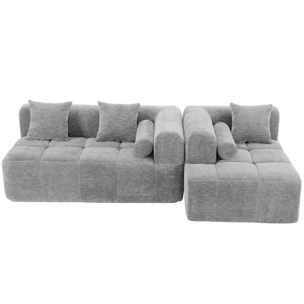 3-Seat Modular Sectional Sofa, Tufted Back with Side Pockets, Light Grey