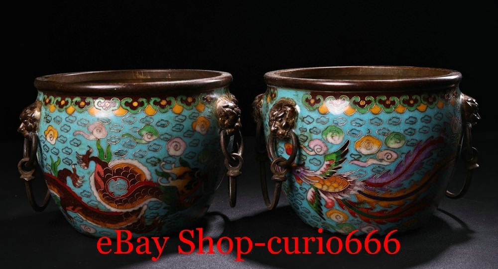 5.9''Old Cloisonne Enamel Bronze Dragon Phoenix Pattern Incense Burner Pair
