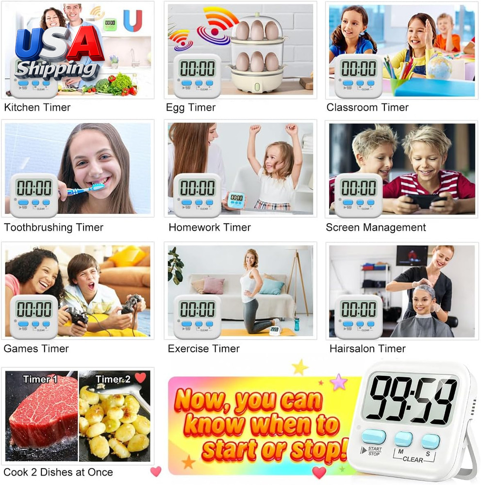 2 Pack Digital Timer for Kids, Magnetic Countdown Kitchen Timers for Cooking, Eg