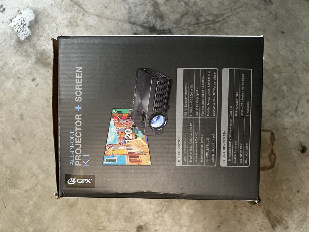 GPX All-In-One Projector Screen Kit Bluetooth Extra Bright Screen new never used