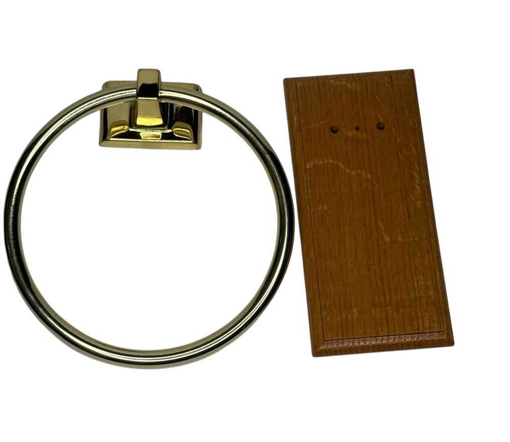 Vintage Solid Oak Wood and Brass Hand Towel Ring