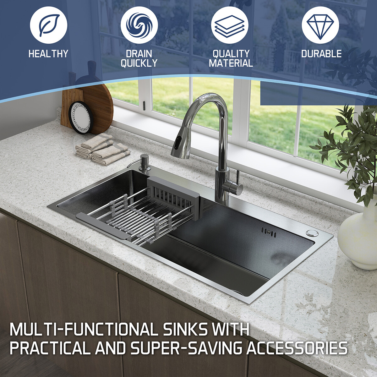 Drop In Kitchen Sink Stainless Steel Single Bowl Sinks with Faucet 28/30/32 Inch