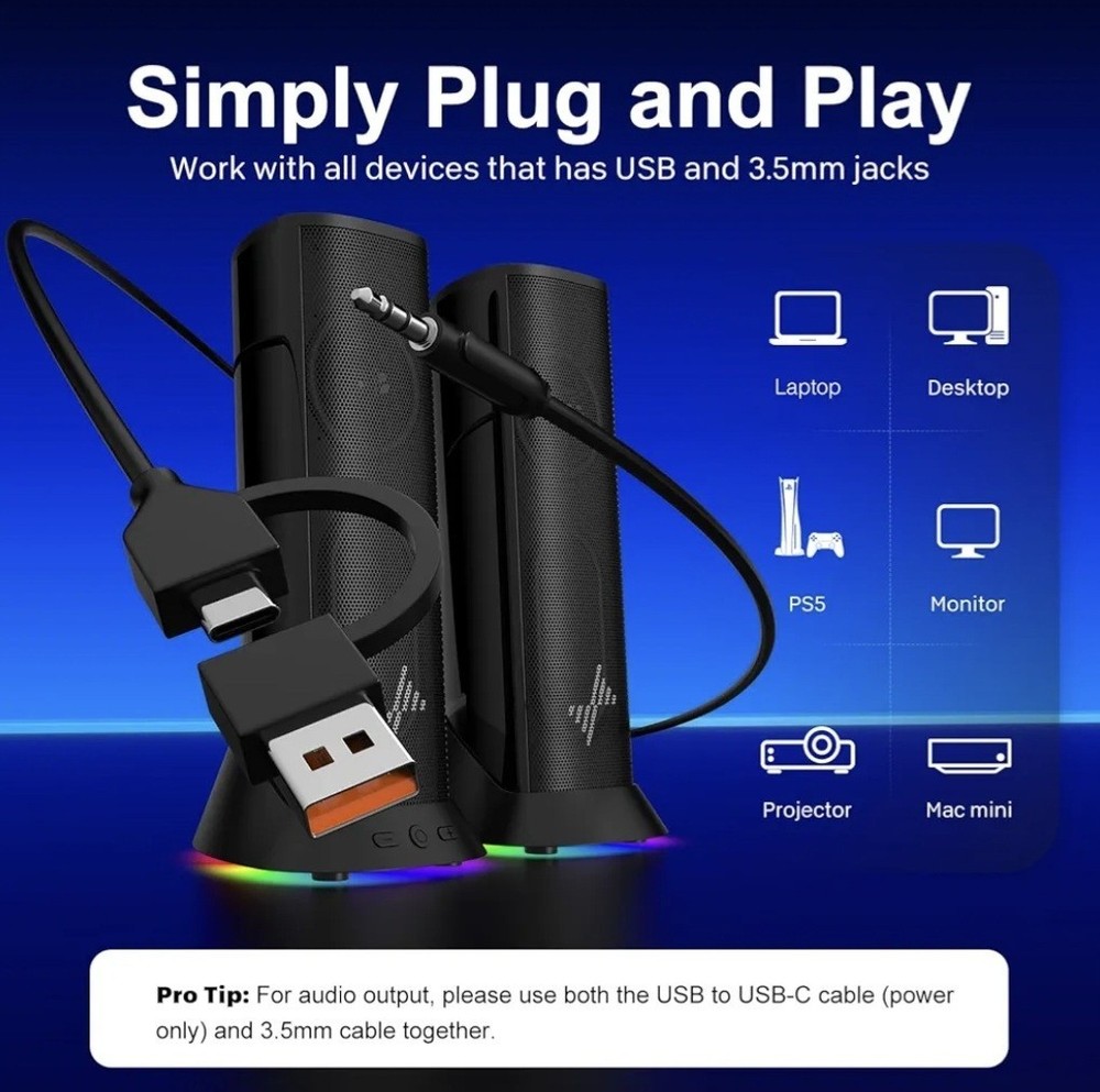 Nylavee Desktop PC Computer Speakers, Immersive Sound with RGB Lights, USB/USB-C