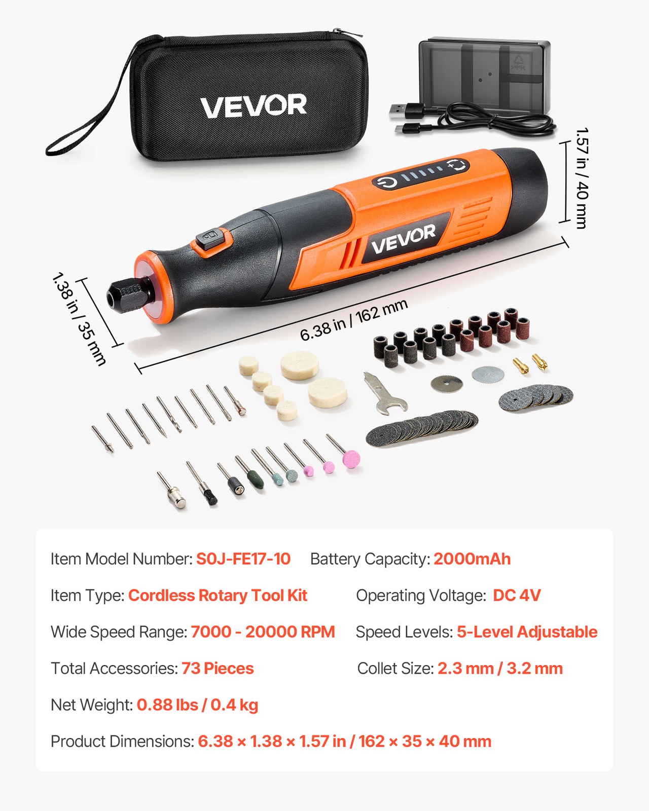 VEVOR 73-Piece Cordless Rotary Tool Kit DC4V 5 Adjustable Speeds 7000-20000 RPM