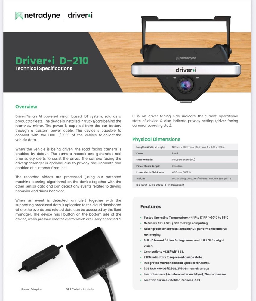 NETRADYNE DRIVER DASHBOARD DRIVER I DUAL FLEET DASHBOARD CAMERA AND MODULE D-210
