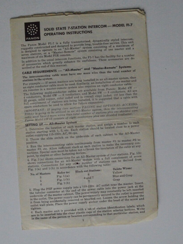 FANON Solid State 7-station Intercom model FI-7 operating instructions