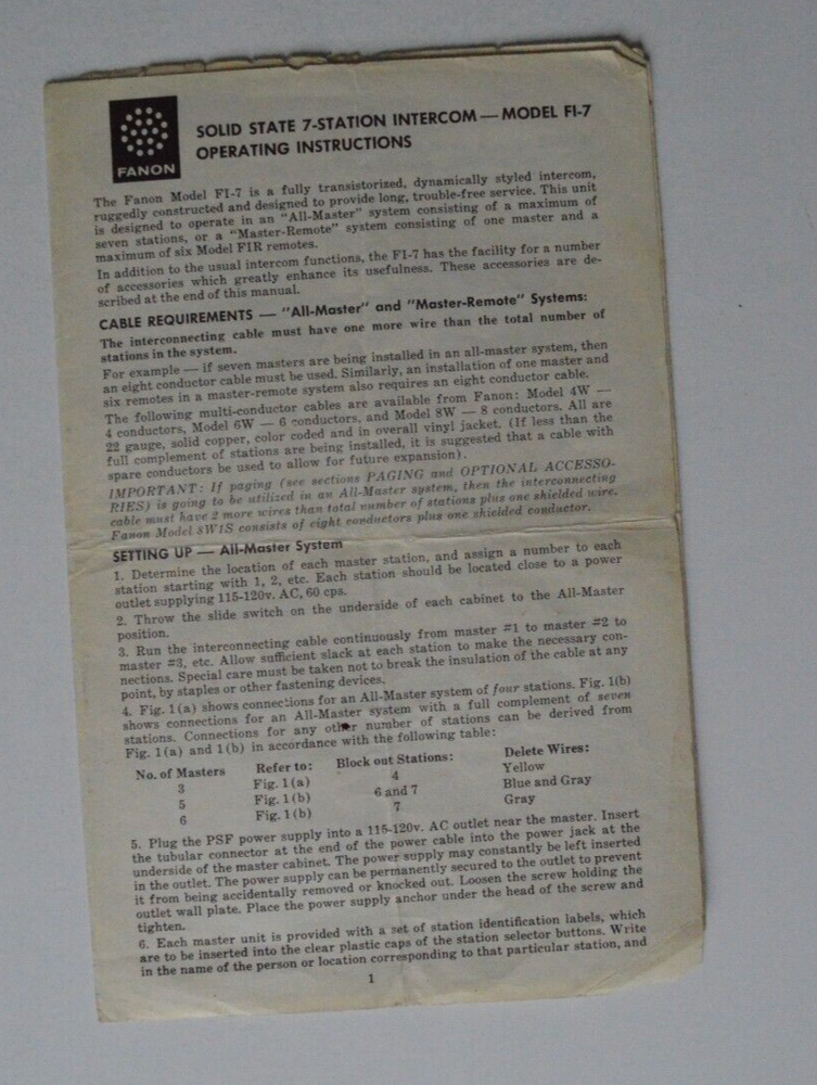 FANON Solid State 7-station Intercom model FI-7 operating instructions