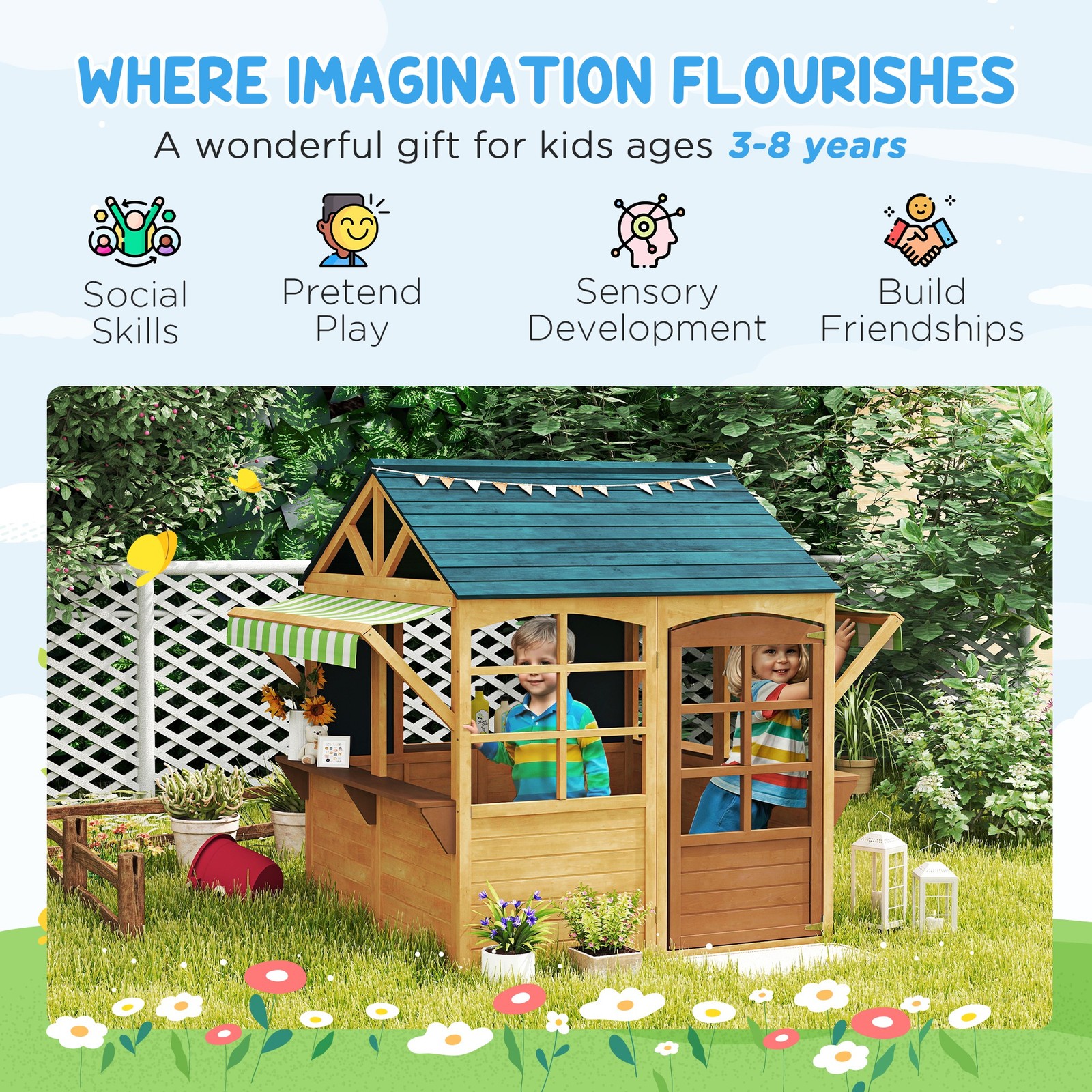 Qaba Outdoor Playhouse, Foldable Wooden Kids Cottage, Brown