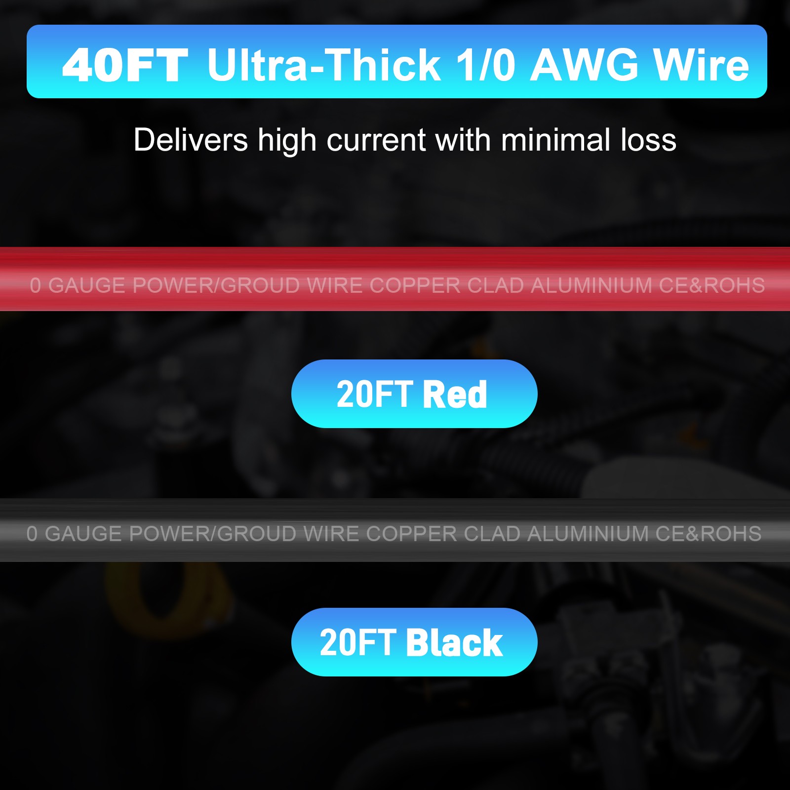 1/0 AWG 40FT Battery Cable 1/0 Gauge Wire Copper Clad Aluminum CCA Amp Wiring