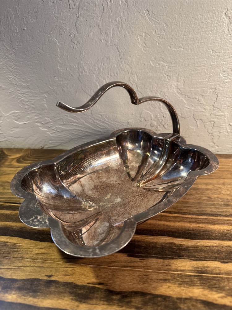 Vintage Silver Plate Candy Dish Scalloped Rectangular with Free Form Handle