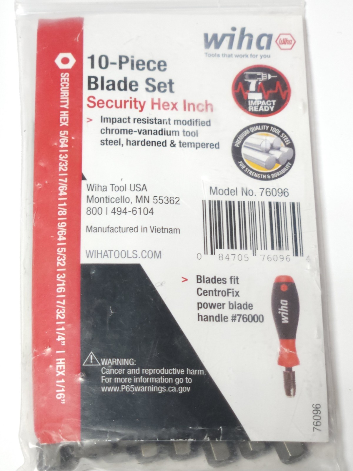 WIHA 76096 10 Piece Blade Set for CENTROFIX Handle 76000 Security Hex INCH 5/64"