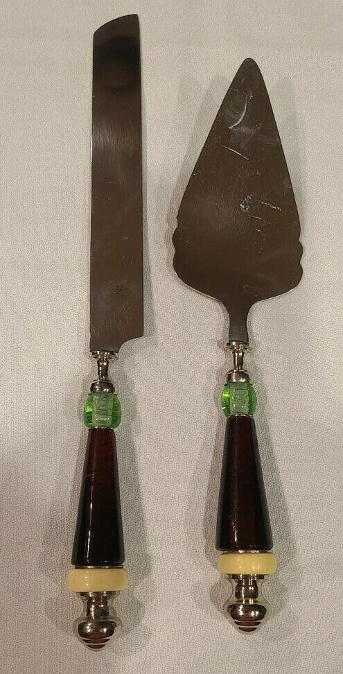 Glass Handle and Silver  Cake Serving Set - Knife & Server