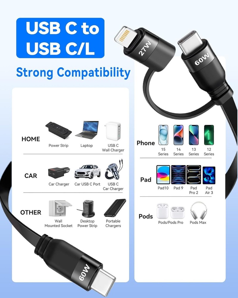 RULUS 2 in 1 Retractable USB C Cable 60W, [2Pack,4ft] C to...