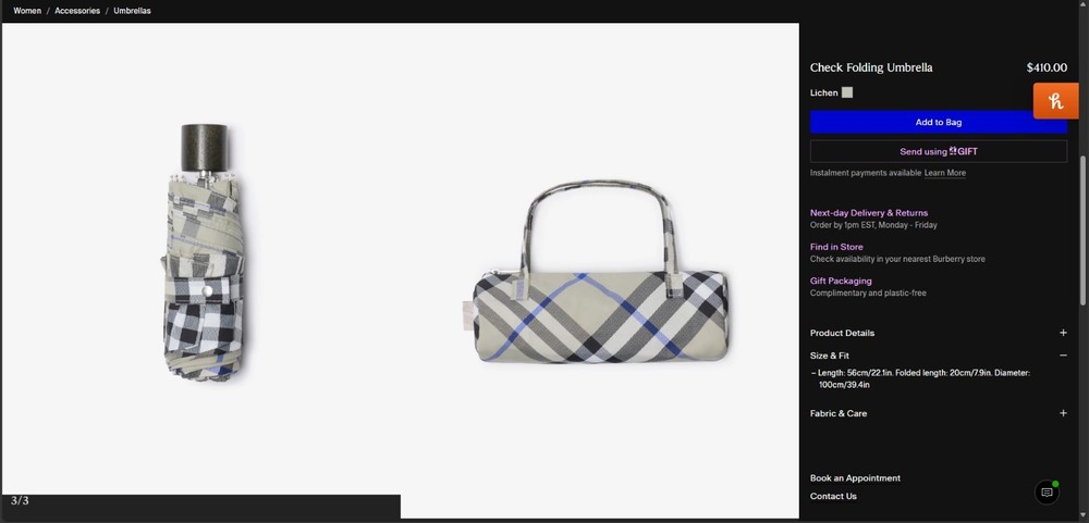 Burberry Check Folding Umbrella Lichen