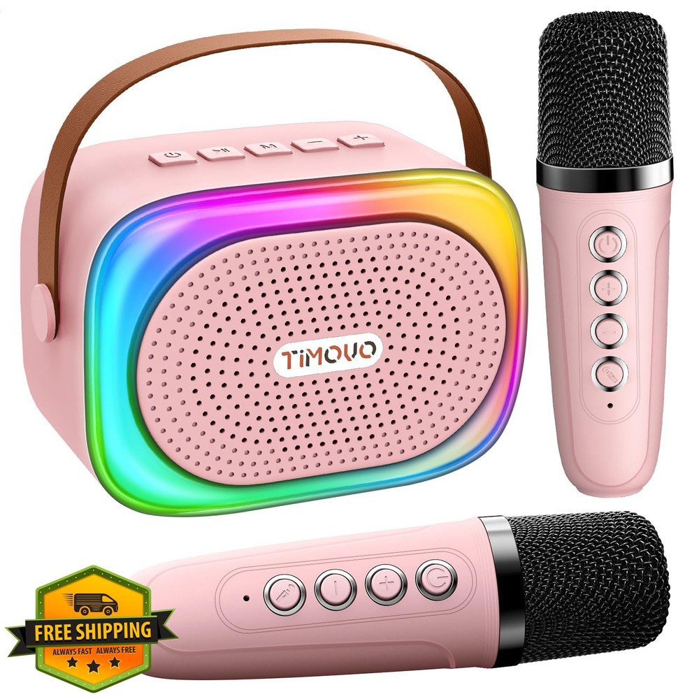 TiMOVO Mini Karaoke Machine Pink Bluetooth 2 Mics LED