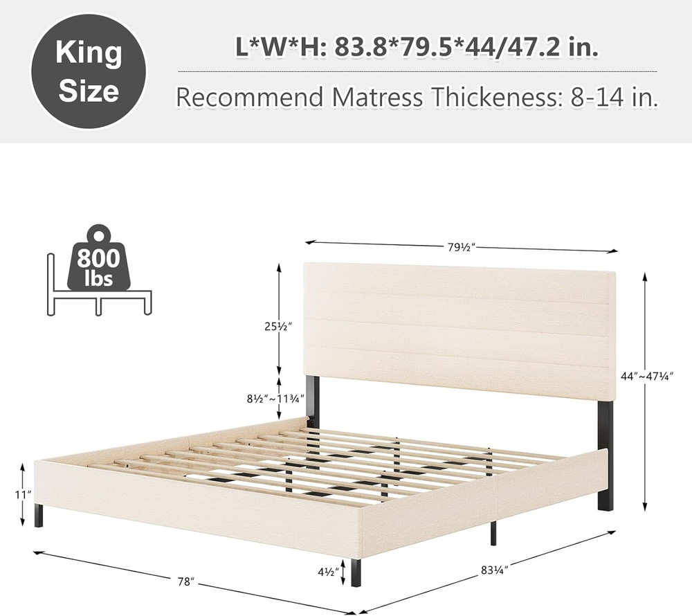 King Size Bed Frame, Modern Upholstered Bed Frame King with Adjustable Linen Hea