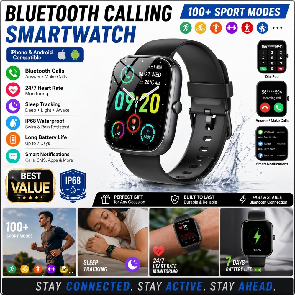 Bluetooth smartwatch, calls, fitness tracking, iPhone & Android compatible.
