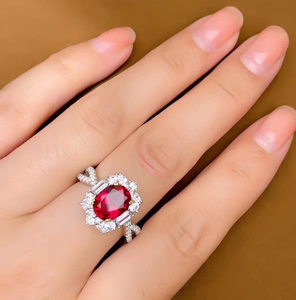 4.60 Ct Oval Cut Natural Ruby Diamond Wedding Ring 14K Solid White Gold Size 7