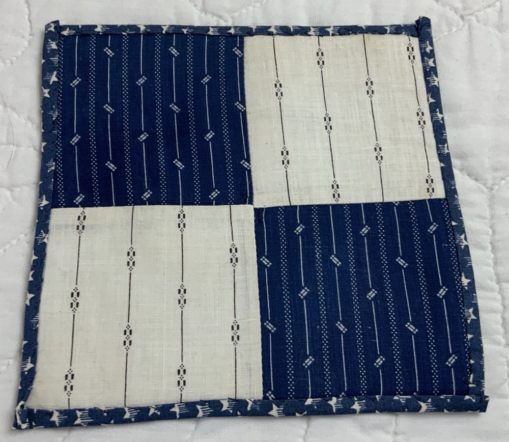 Antique Patchwork Quilt Table Topper, Square, Four Patch, Early Calicos, Blue
