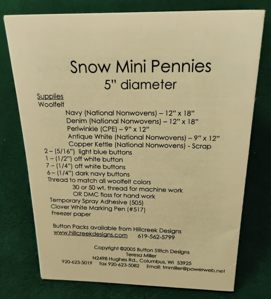 New Button Stitch Designs #139 "Snow Mini Pennies" Wool Applique Pattern