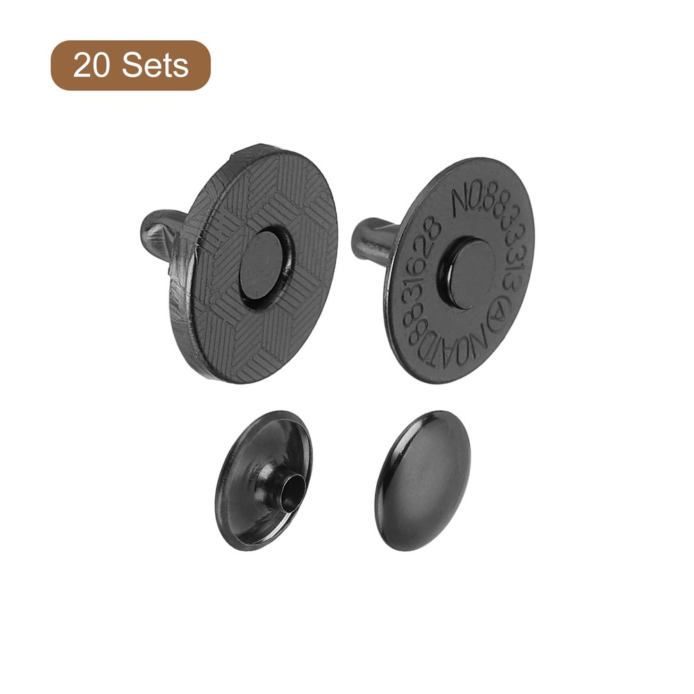 20 Sets 14x2mm Magnetic Round Snaps Button Base Components and Cap Kit, Black