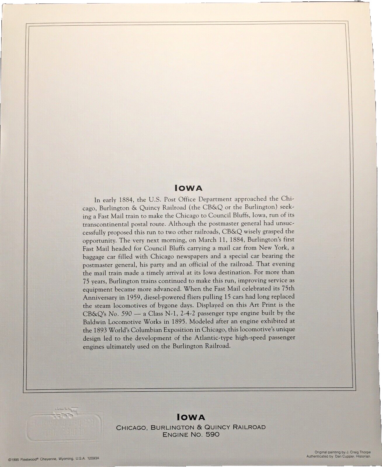 Vintage IOWA Chicago, Burlington & Quincy Railroad Engine No. 590 Rare Print