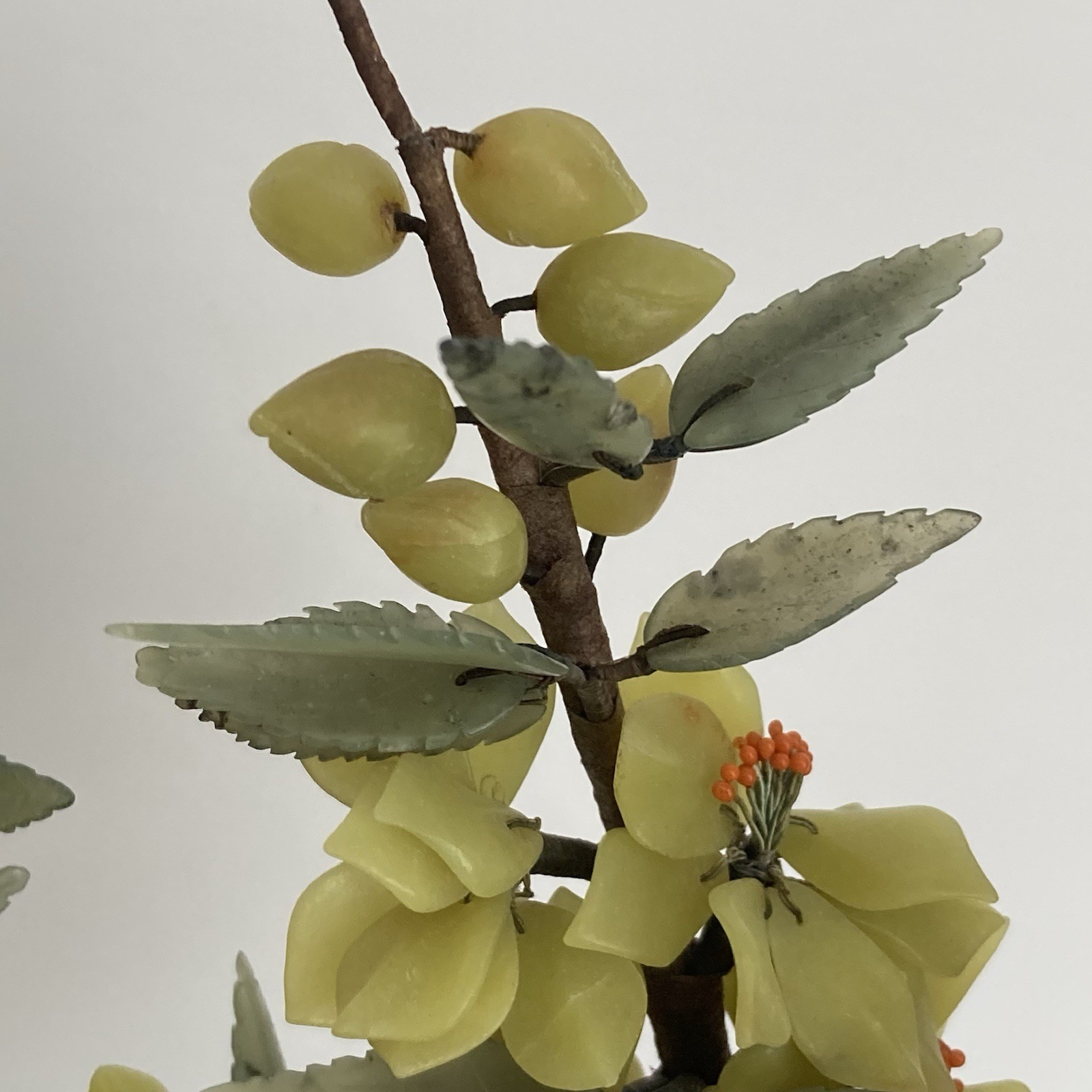 Pair Antique Chinese Jade Bonsai Tree in Cloisonne Pot w Amethyst Carnelian VTG