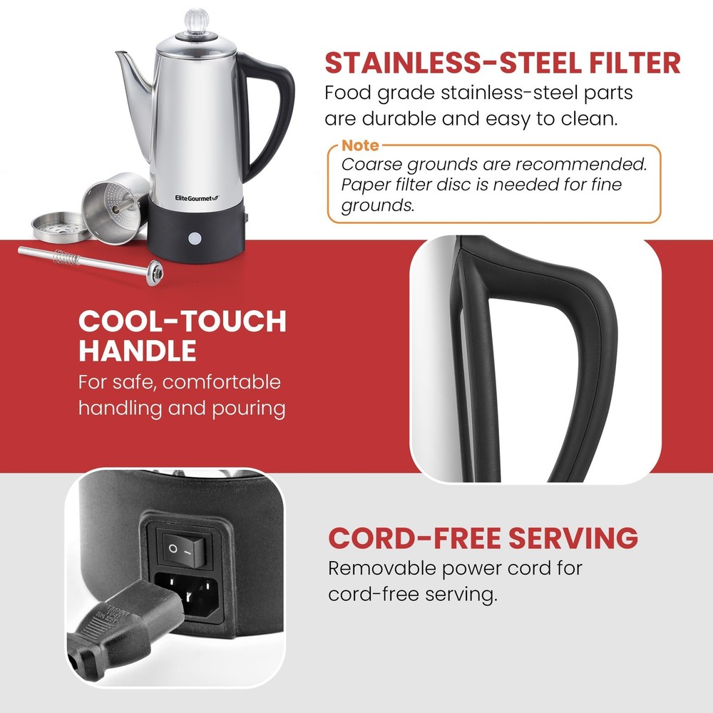 EC140 Electric 6-Cup Coffee Percolator with Keep Warm, Clear Brew Progress Kn...