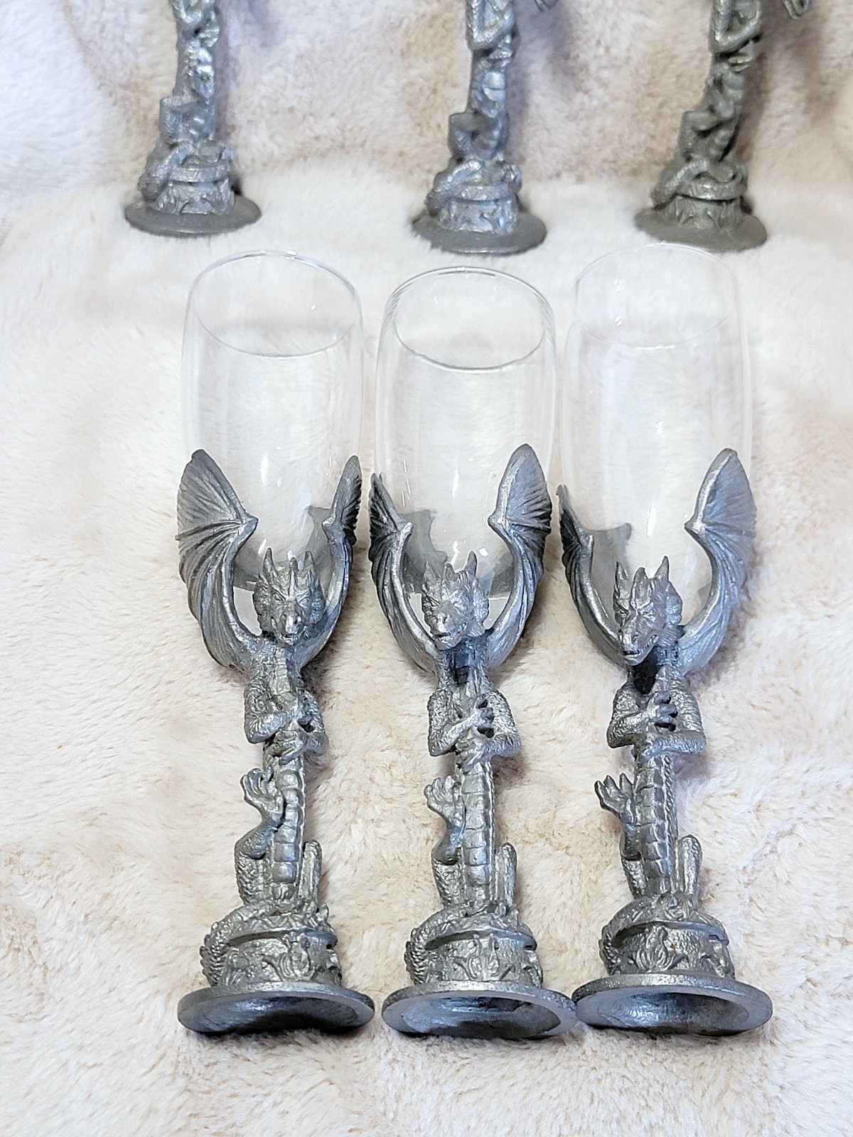Set of 6 Solid Heavy Fantasy Pewter Dragon Champagne Glass Flute 8" D&D Gothic