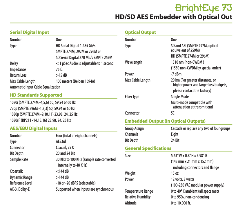 Ensemble Designs : BrightEye 73 HD/SD AES Embedder with Optical Out -8 available