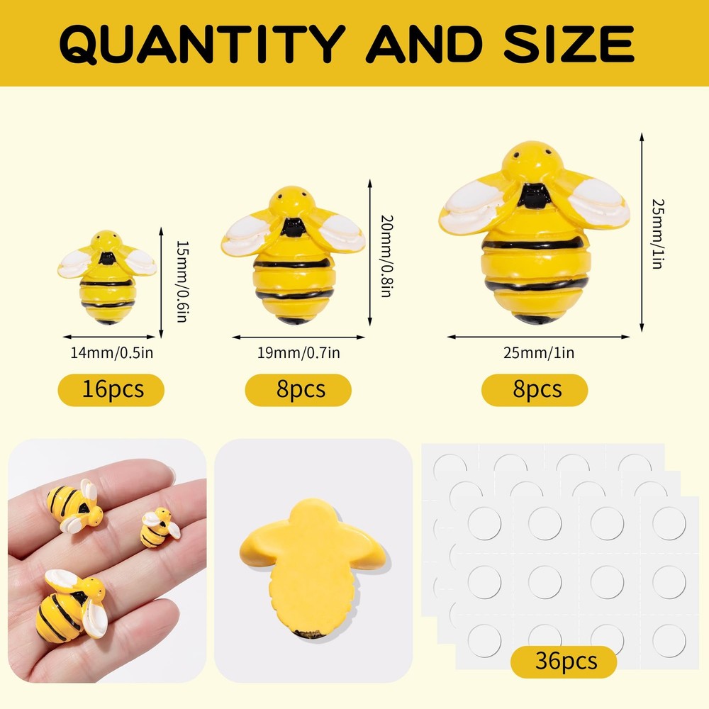 Tiny Resin Bees for Crafts,32Pcs Small Plastic Bumble Bee Decor with 36 Doubl...