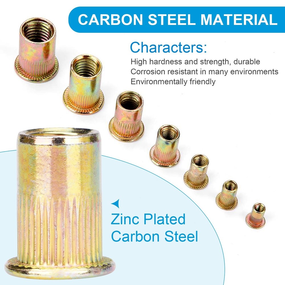 100Pcs 10-24 UNC Rivet Nuts, Carbon Steel Flat Head Rivnut Threaded Insert Nu...