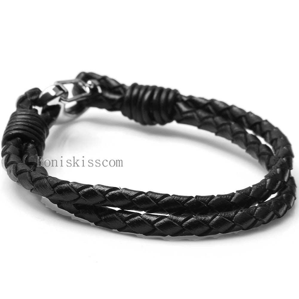 Braided Black Leather Men's Bracelet Wristband w Silver Stainless Steel Clasp