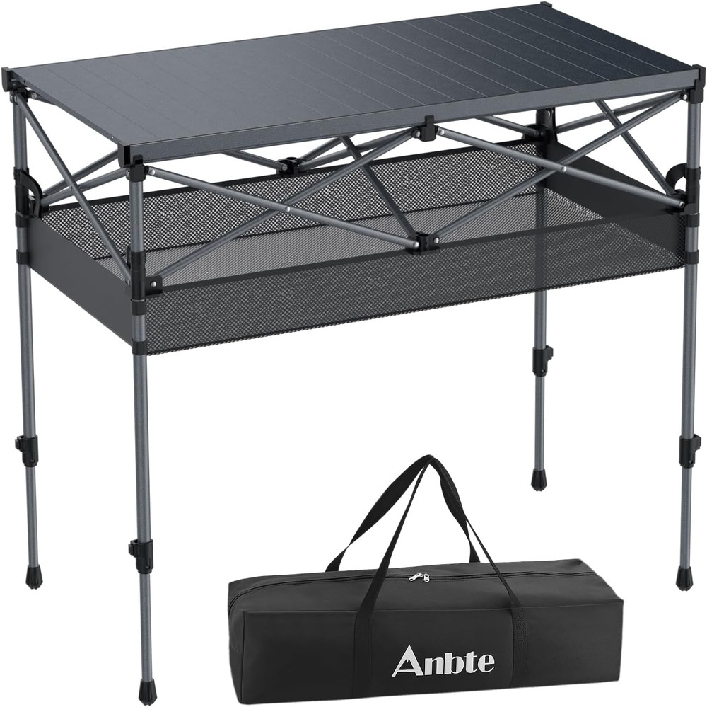 34.2” Tall Camping Table Foldable, 2 Adjustable Height Large Roll up Camping Tab