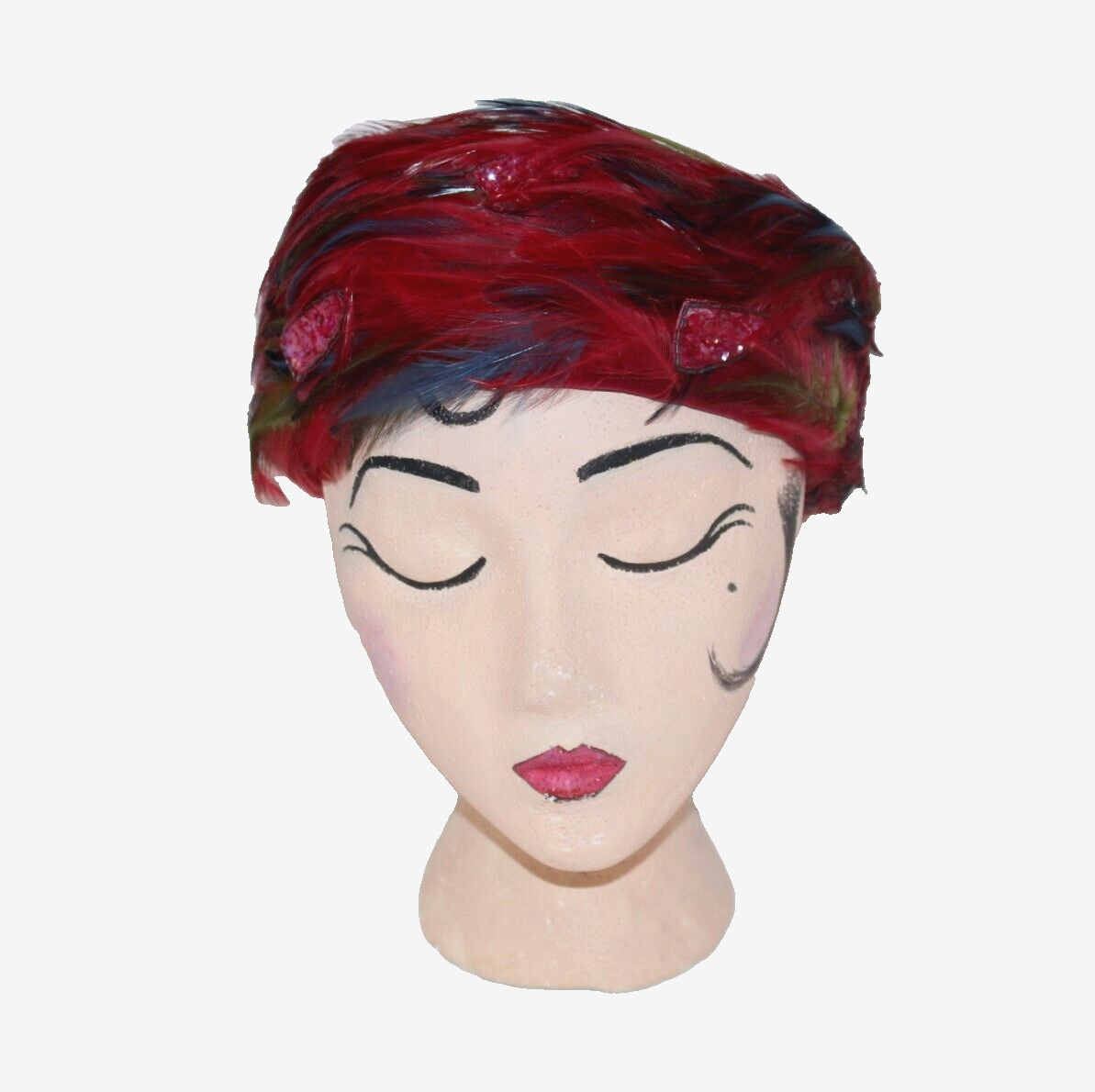 VTG Modern Miss Feather Pillbox Hat Velvet Multi-Color Cranberry Sequin Women's